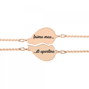 Set bratari argint cuplu inimioare 16 mm (2 bucati incluse) - personalizate cu text - placate cu aur roz